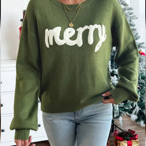 MERRY Print Drop Shoulder Sweater, Casual Simple Crew Neck Long Sleeve Pullover - Picture 3 of 7